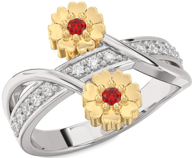 Diamond Ruby Gold Silver Flower Ring