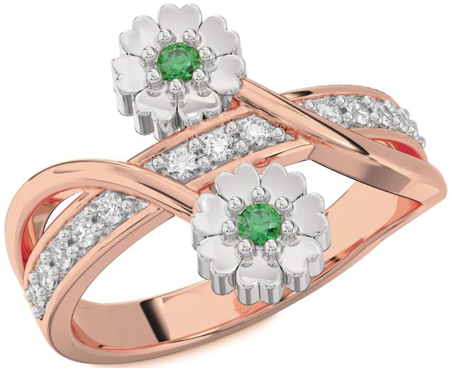 Diamond Emerald Rose Gold Silver Flower Ring