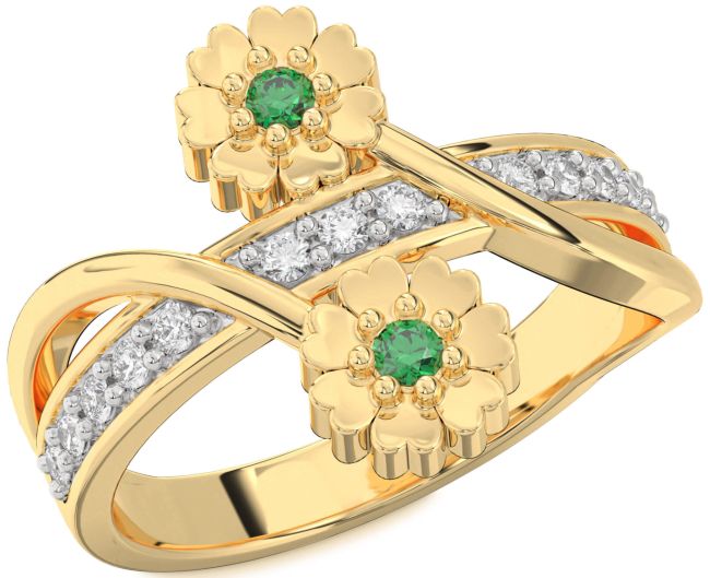 Diamond Emerald Gold Flower Ring