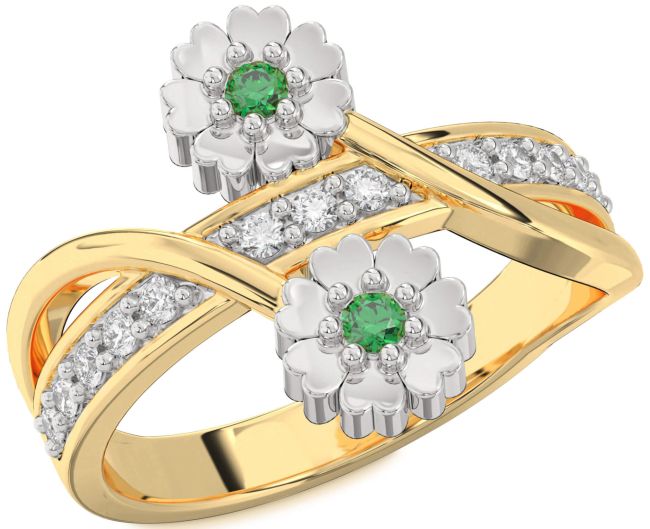 Diamond Emerald Gold Silver Flower Ring
