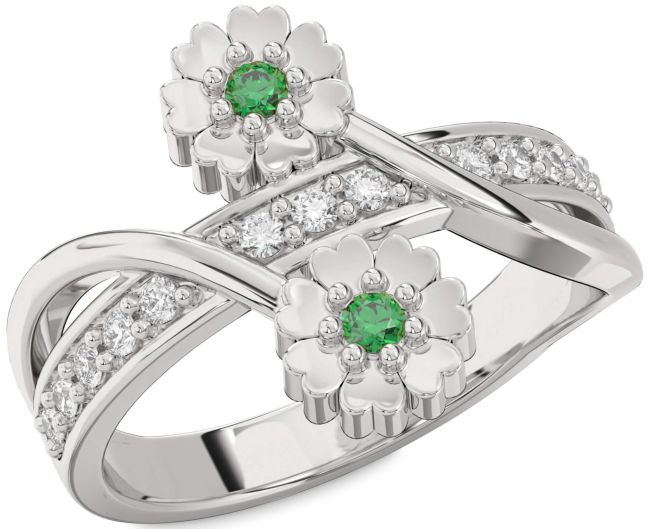 Diamond Emerald Platinum Flower Ring