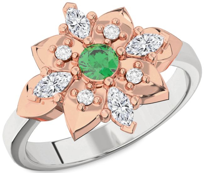 Diamond Emerald Silver & 10K Rose Gold Flower Ring