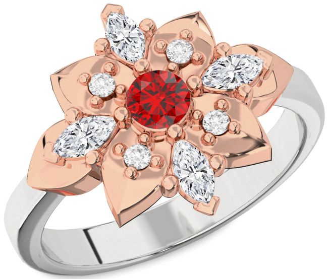 Diamond Ruby White Rose Gold Flower Ring
