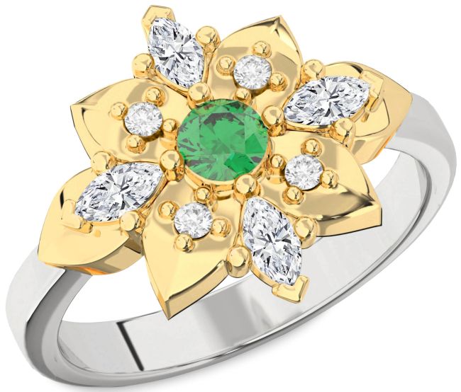 Diamond Emerald Platinum & Yellow Gold Flower Ring