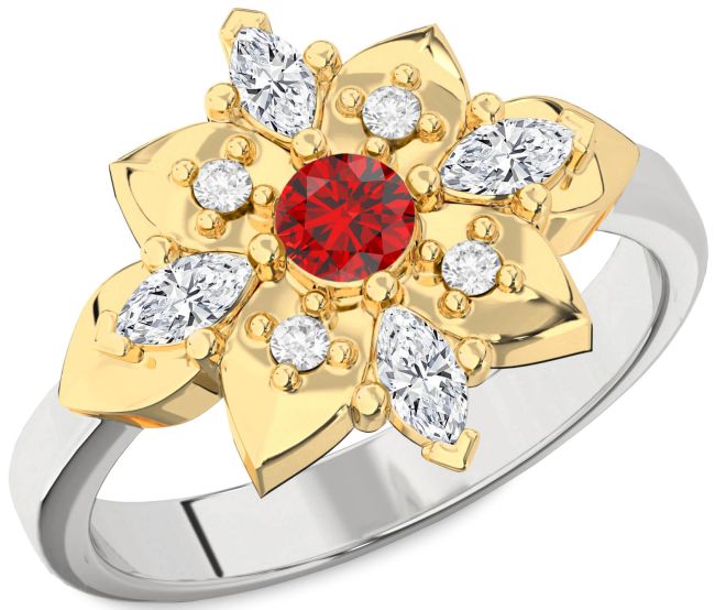 Diamond Ruby Silver & 10K gold Flower Ring