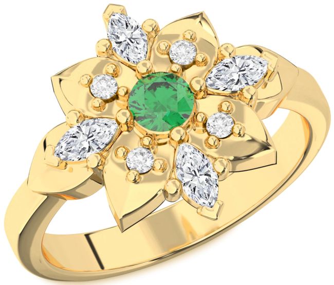 Diamond Emerald Gold Flower Ring
