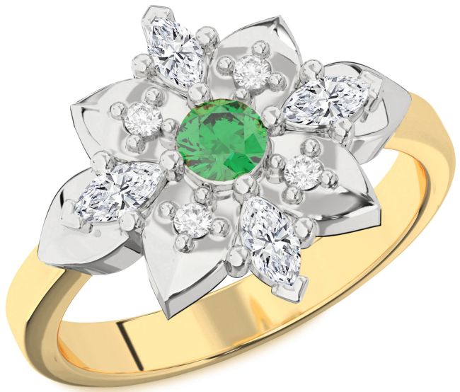 Diamond Emerald Platinum & Yellow Gold Flower Ring