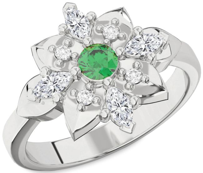 Diamond Emerald White Gold Flower Ring
