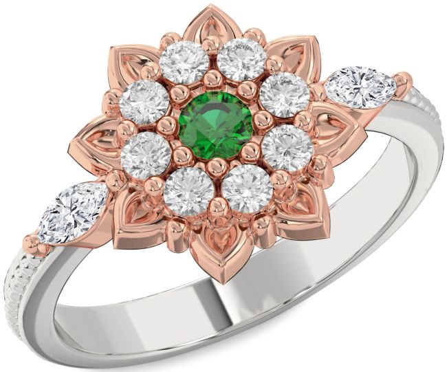 Diamond Emerald White Rose Gold Flower Ring