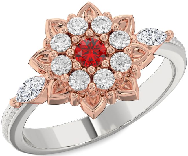 Diamond Ruby Platinum & Rose Gold Flower Ring
