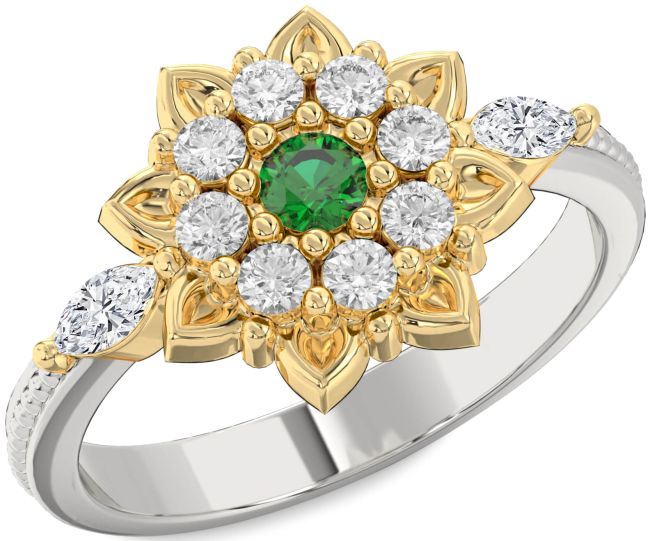 Diamond Emerald Silver & 10K gold Flower Ring