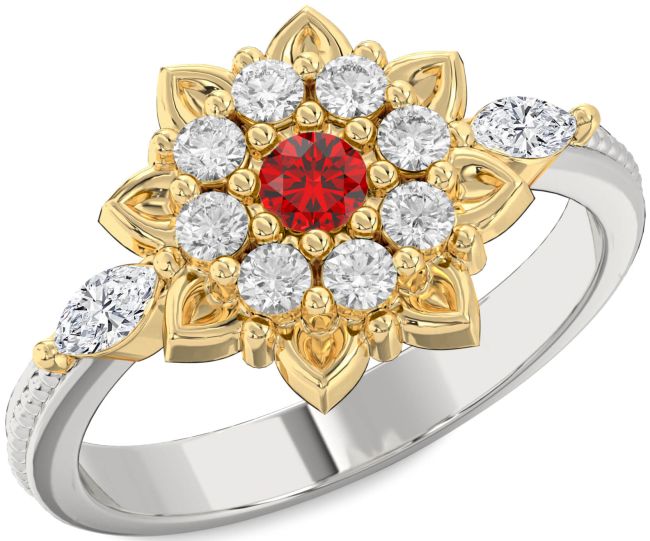 Diamond Ruby Platinum & Yellow Gold Flower Ring