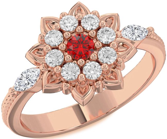 Diamond Ruby Rose Gold Silver Flower Ring
