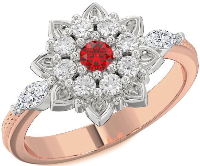 Diamond Ruby White Rose Gold Flower Ring