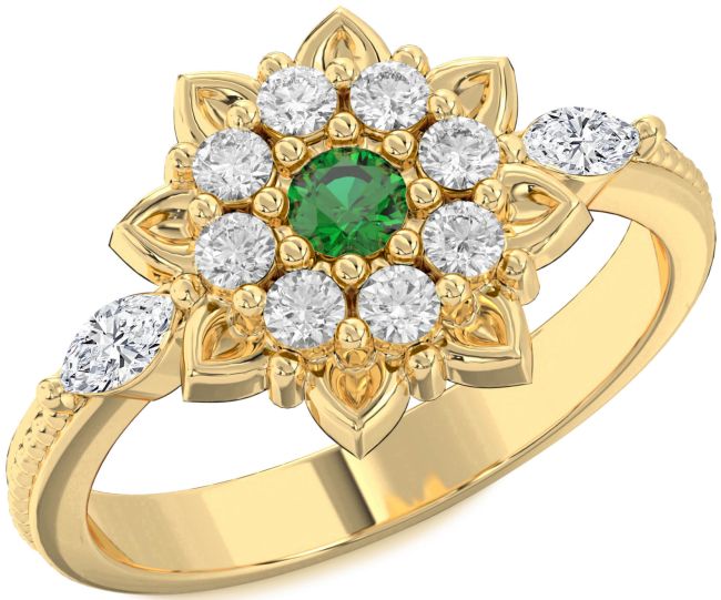 Diamond Emerald Gold Flower Ring