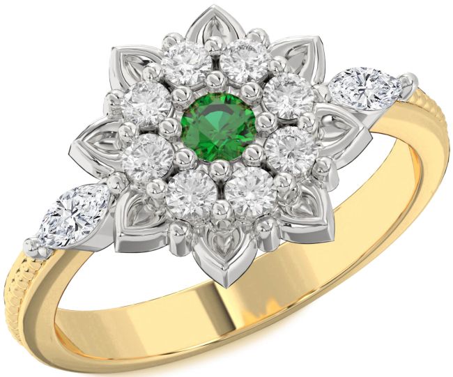 Diamond Emerald Gold Silver Flower Ring
