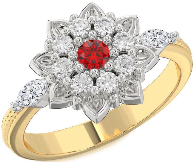 Diamond Ruby Platinum & Yellow Gold Flower Ring