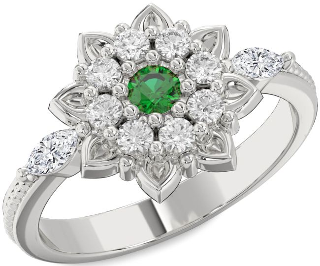 Diamond Emerald White Gold Flower Ring