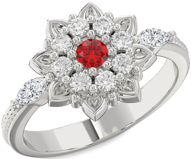 Diamond Ruby Silver Flower Ring
