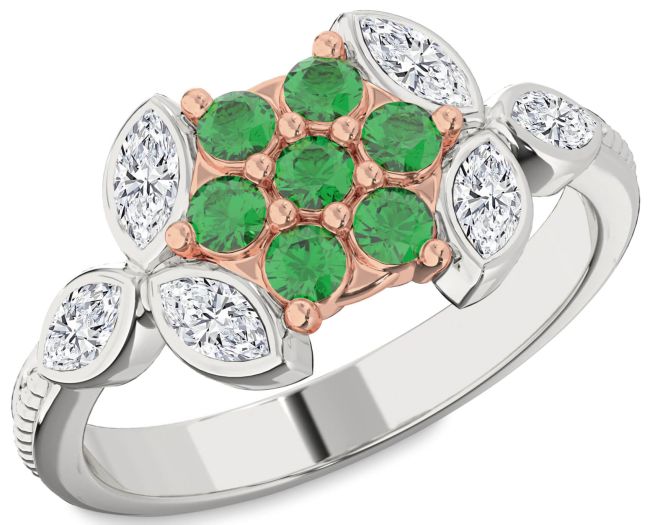 Diamond Emerald Silver & 10K Rose Gold Flower Ring