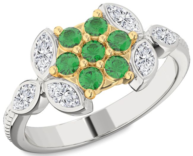 Diamond Emerald Platinum & Yellow Gold Flower Ring