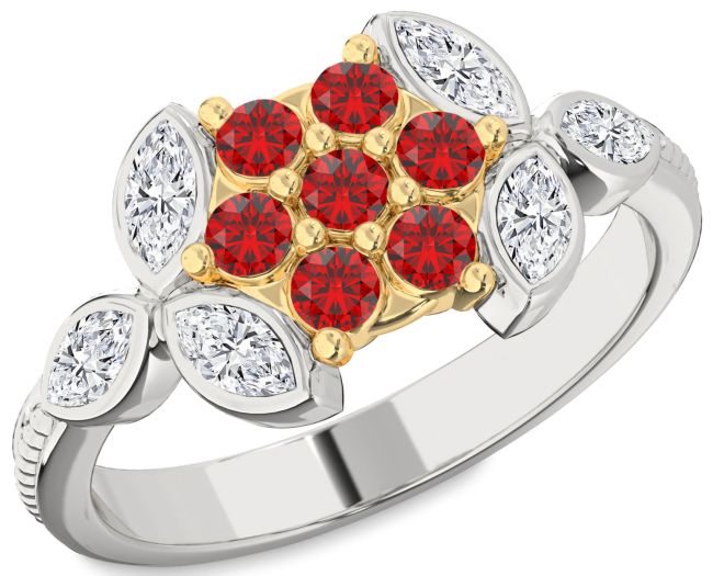 Diamond Ruby Gold Silver Flower Ring