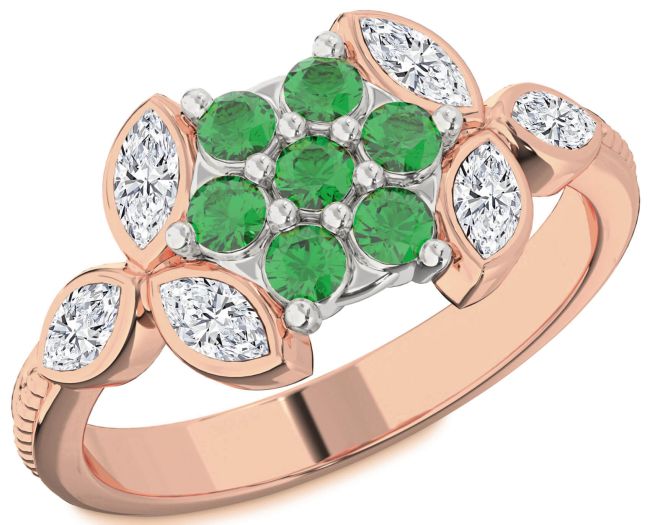 Diamond Emerald Rose Gold Silver Flower Ring