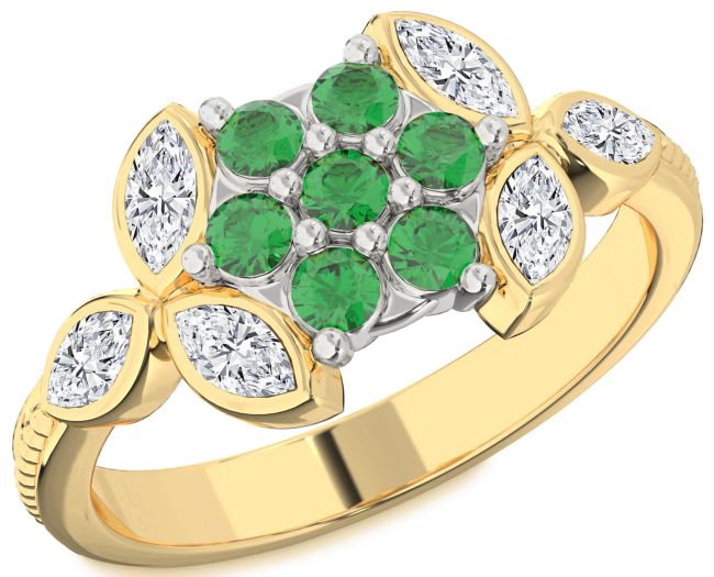 Diamond Emerald Platinum & Yellow Gold Flower Ring