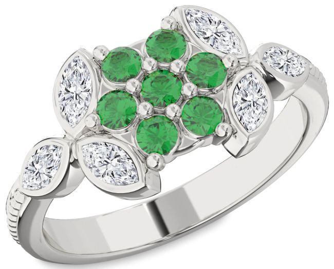 Diamond Emerald Platinum Flower Ring