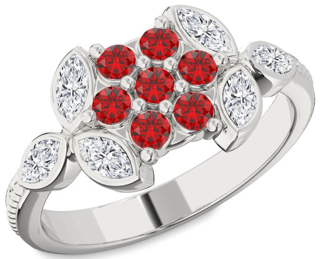 Diamond Ruby White Gold Flower Ring