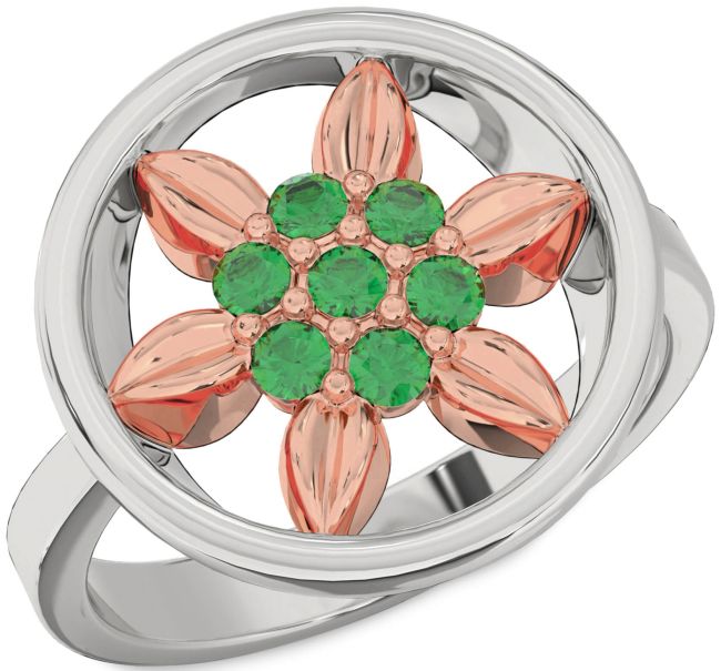 Emerald White Rose Gold Flower Ring