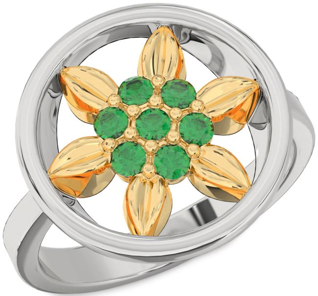 Emerald Silver & 10K gold Flower Ring