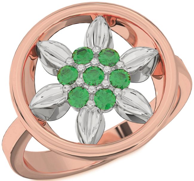 Emerald Rose Gold Silver Flower Ring