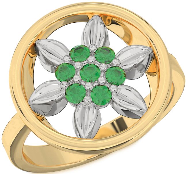 Emerald Gold Silver Flower Ring