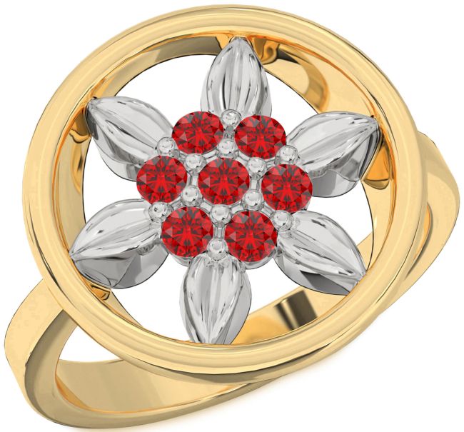 Ruby White Yellow Gold Flower Ring