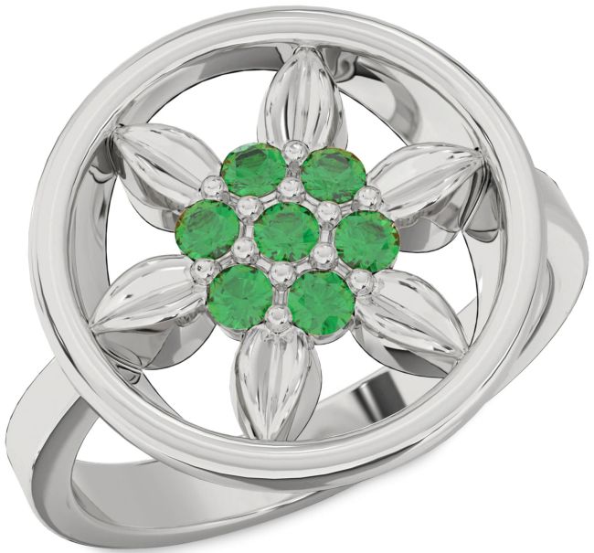 Emerald Platinum Flower Ring