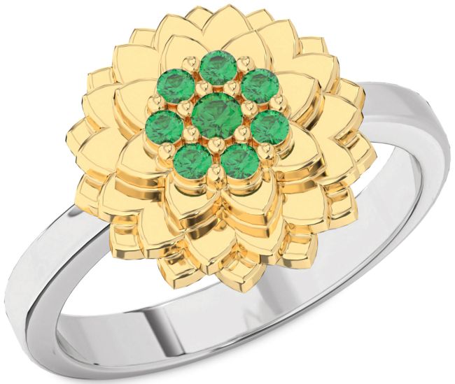 Emerald White Yellow Gold Flower Ring