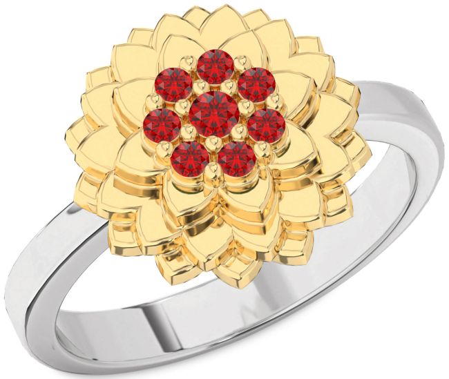 Ruby White Yellow Gold Flower Ring