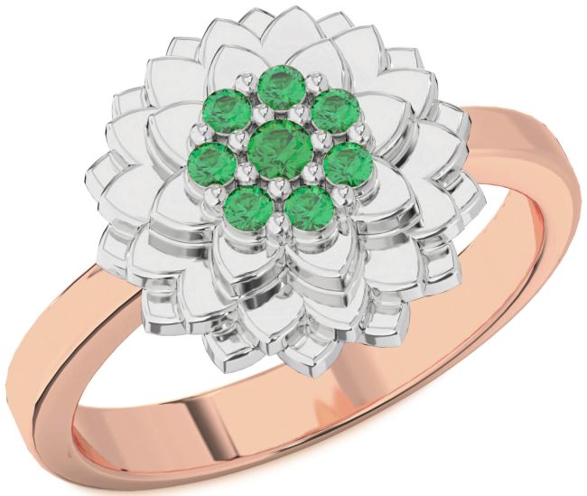 Emerald Rose Gold Silver Flower Ring