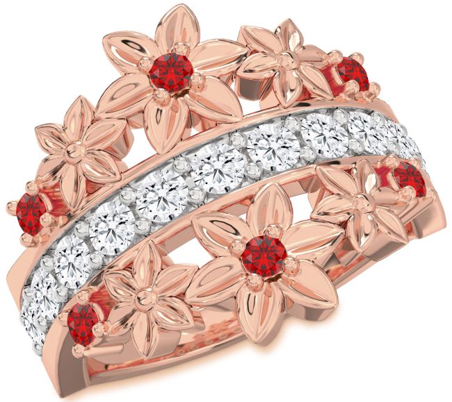 Diamond Ruby Rose Gold Flower Ring