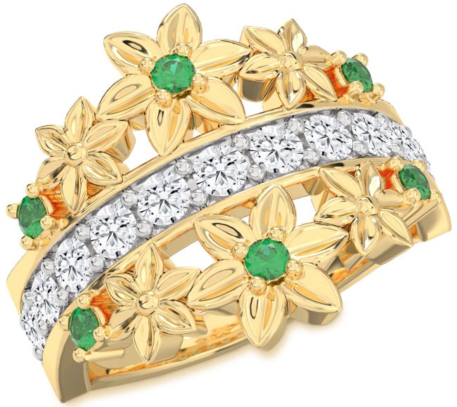 Diamond Emerald Gold Flower Ring