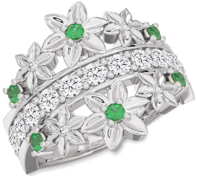 Diamond Emerald White Gold Flower Ring
