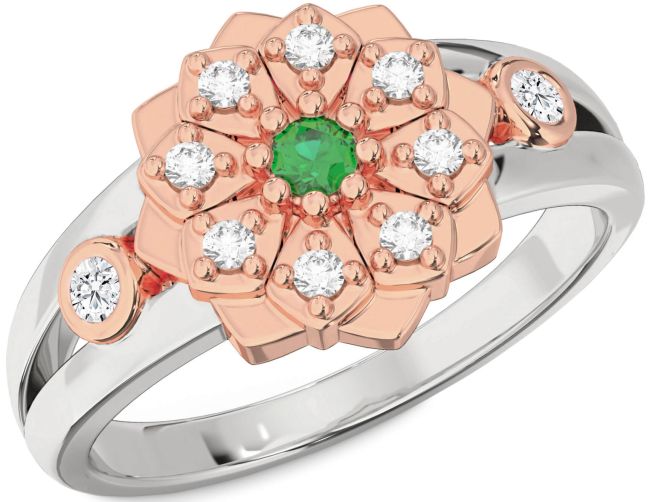 Diamond Emerald Silver & 10K Rose Gold Flower Ring