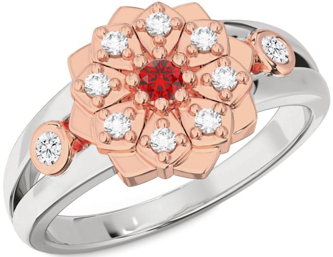 Diamond Ruby White Rose Gold Flower Ring
