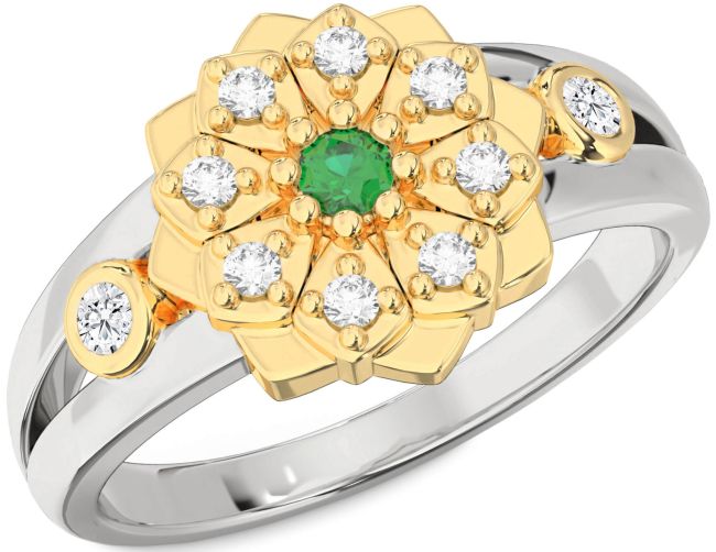 Diamond Emerald Silver & 10K gold Flower Ring