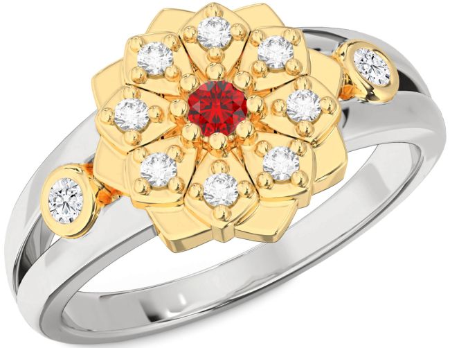 Diamond Ruby Gold Silver Flower Ring