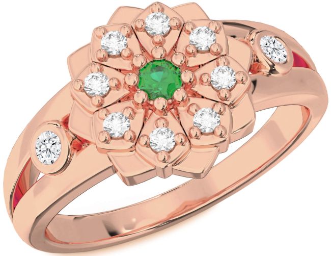 Diamond Emerald Rose Gold Silver Flower Ring