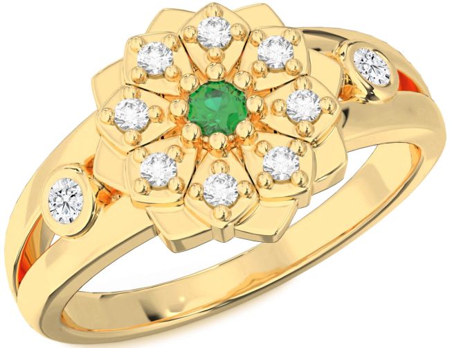 Diamond Emerald Gold Flower Ring