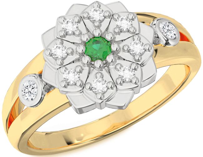 Diamond Emerald Platinum & Yellow Gold Flower Ring