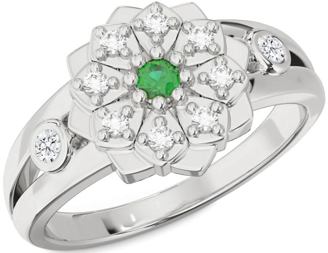 Diamond Emerald Platinum Flower Ring